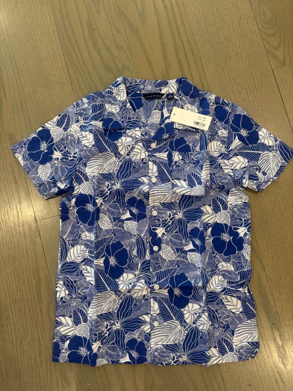 Janie and Jack Royal Blue and White Linen Floral Button-Down Shirt